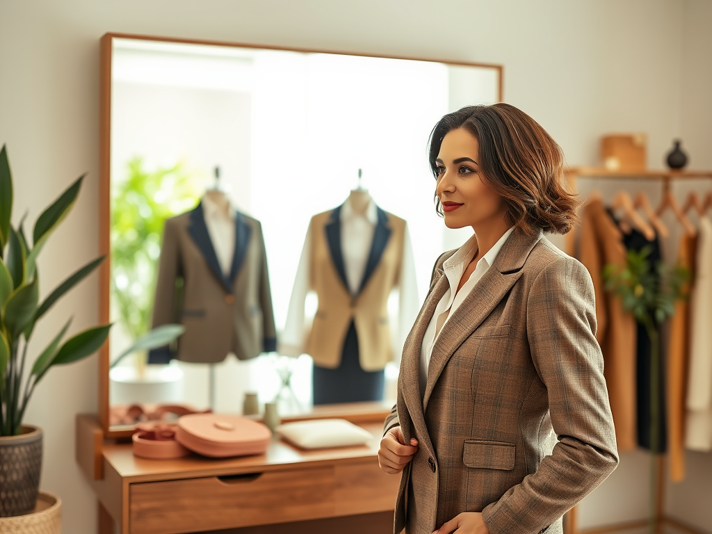 Kobieta w eleganckim garniturze stoi przed lustrem w stylowym wnętrzu, otoczona przez modne ubrania.
